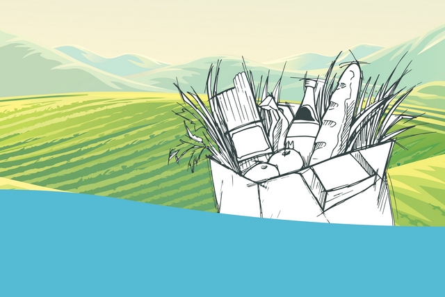 סל מצרכים על רקע הרים ועמק